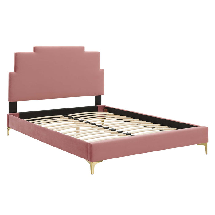 Lindsey Performance Velvet Platform Bed With Gold Metal Legs