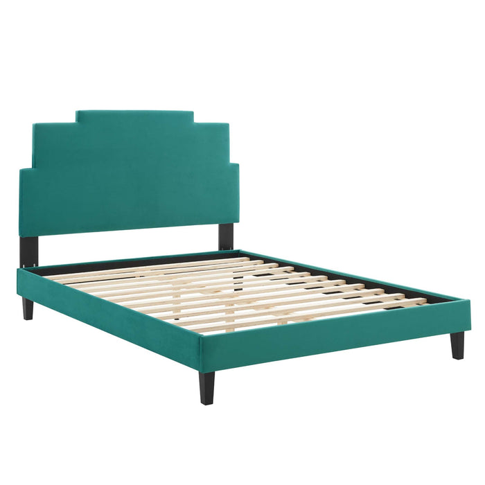 Lindsey Performance Velvet Platform Bed With Black Wood Legs