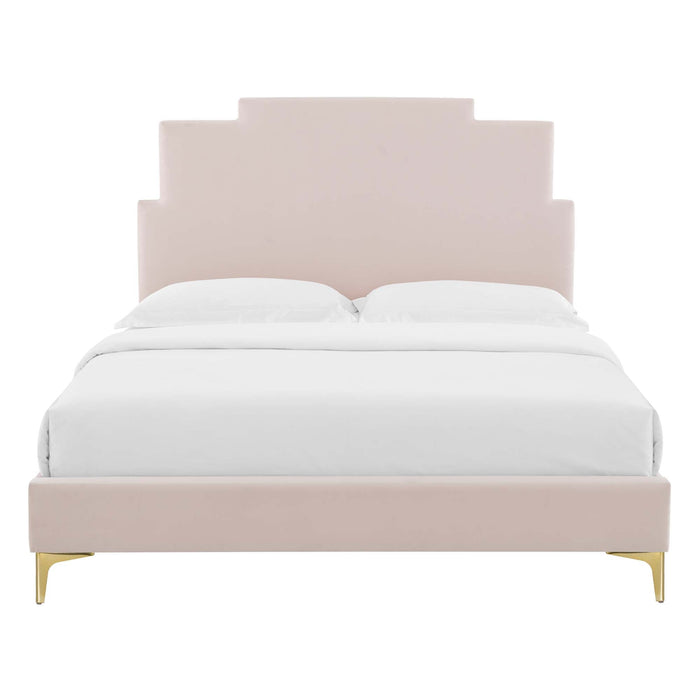 Lindsey Performance Velvet Platform Bed With Gold Metal Legs