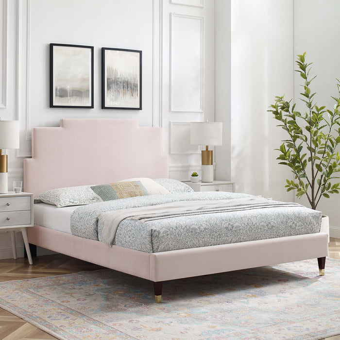 Lindsey Performance Velvet Platform Bed With Wood and Gold Legs