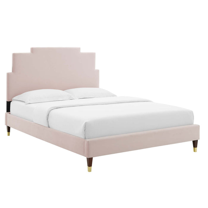 Lindsey Performance Velvet Platform Bed With Wood and Gold Legs