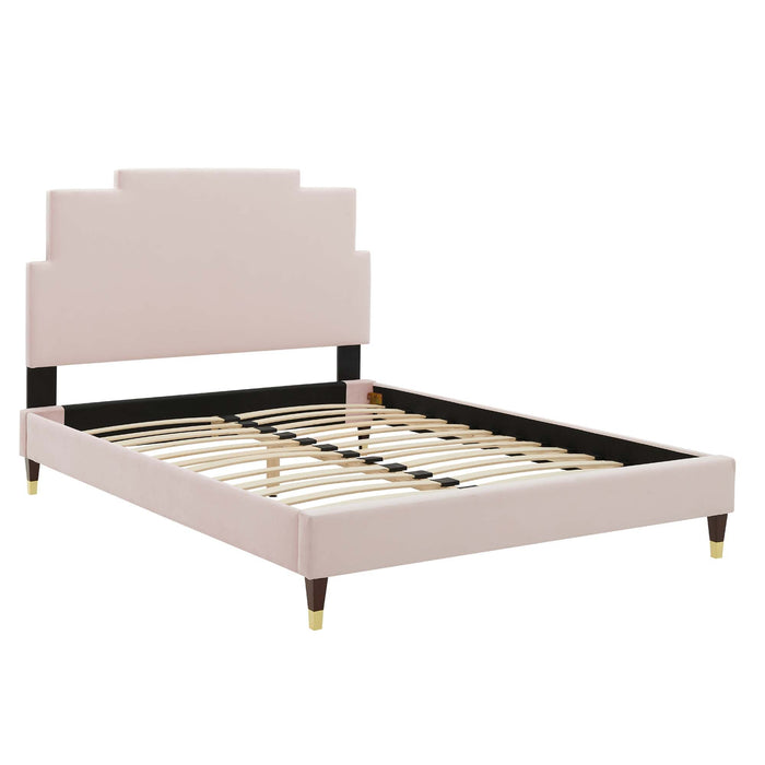 Lindsey Performance Velvet Platform Bed With Wood and Gold Legs