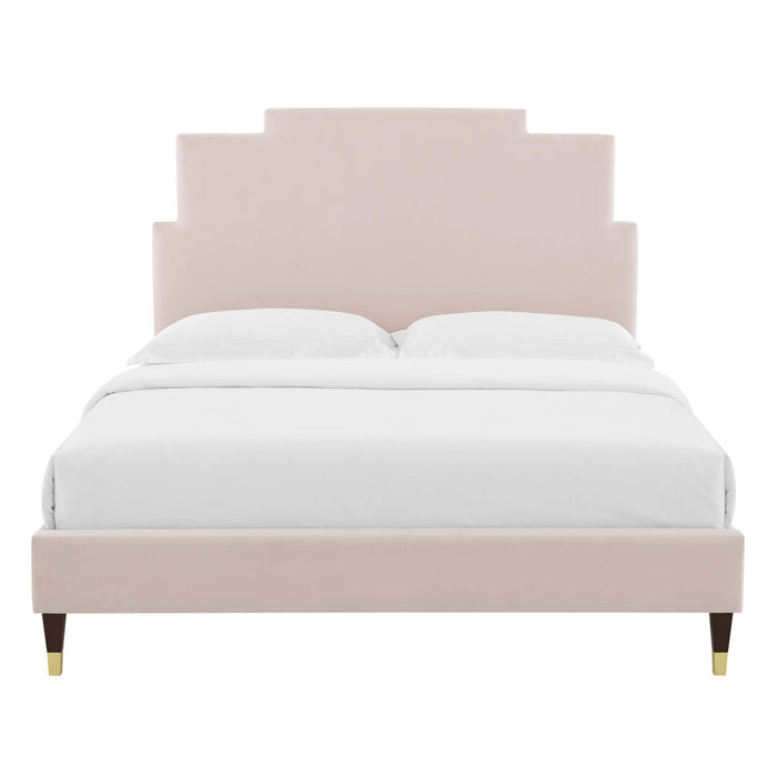 Lindsey Performance Velvet Platform Bed With Wood and Gold Legs