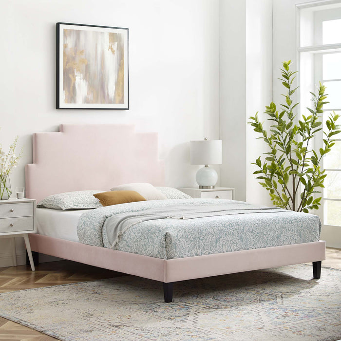 Lindsey Performance Velvet Platform Bed With Black Wood Legs