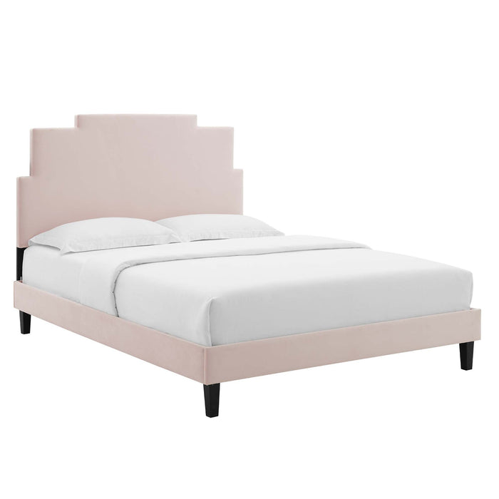 Lindsey Performance Velvet Platform Bed With Black Wood Legs