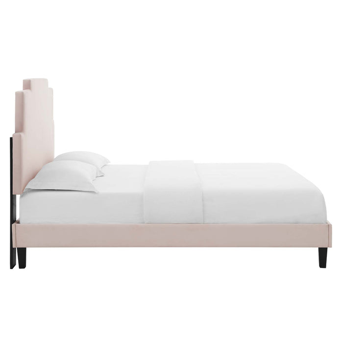 Lindsey Performance Velvet Platform Bed With Black Wood Legs