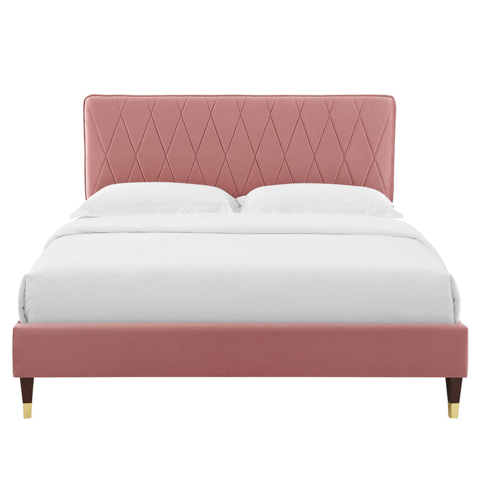 Phillipa Performance Velvet Platform Bed With Wood and Gold Legs