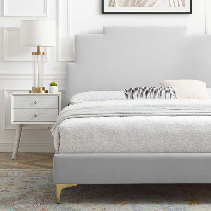 Lindsey Performance Velvet Platform Bed With Gold Metal Legs