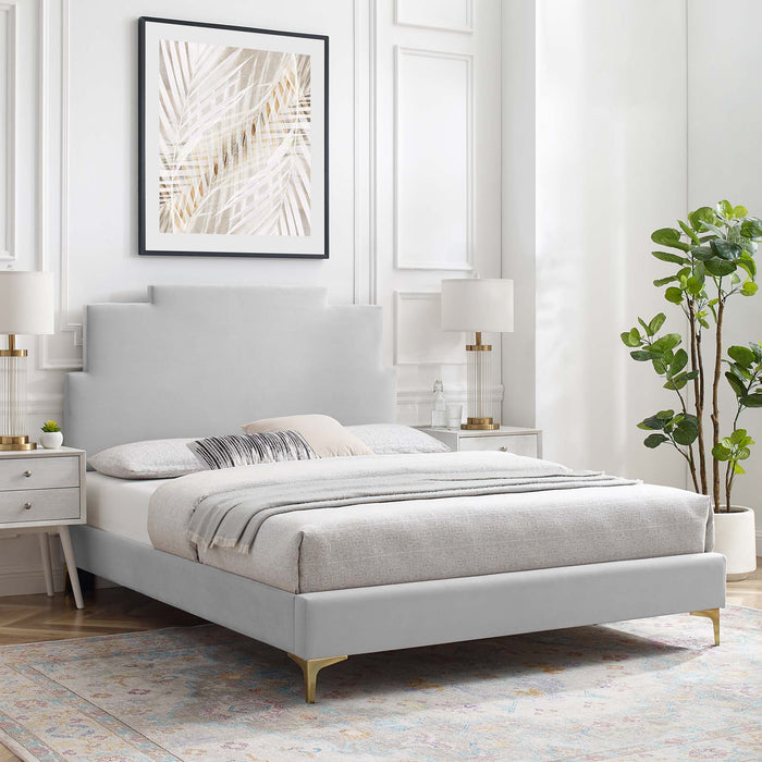 Lindsey Performance Velvet Platform Bed With Gold Metal Legs