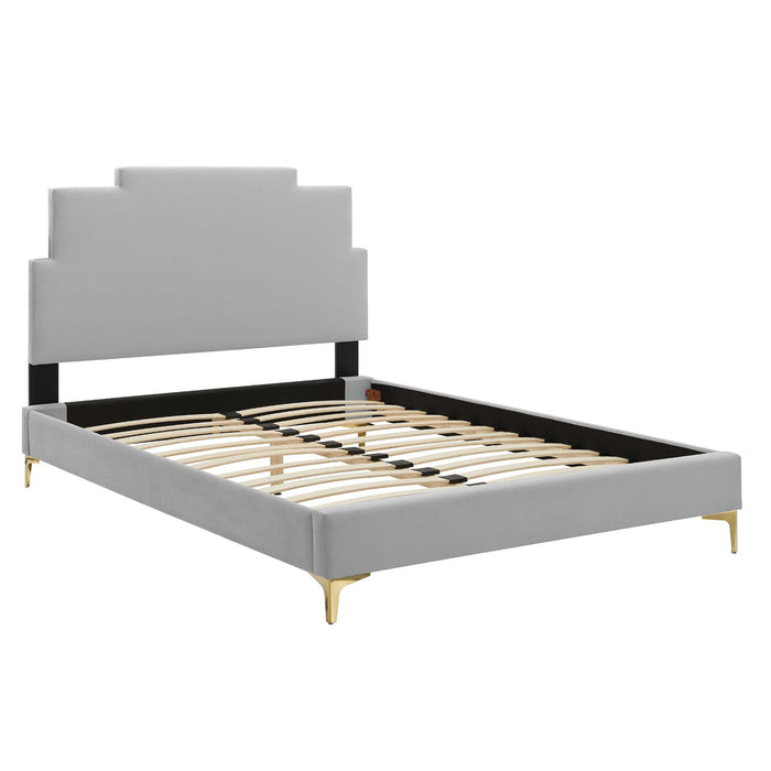 Lindsey Performance Velvet Platform Bed With Gold Metal Legs