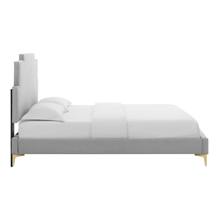 Lindsey Performance Velvet Platform Bed With Gold Metal Legs