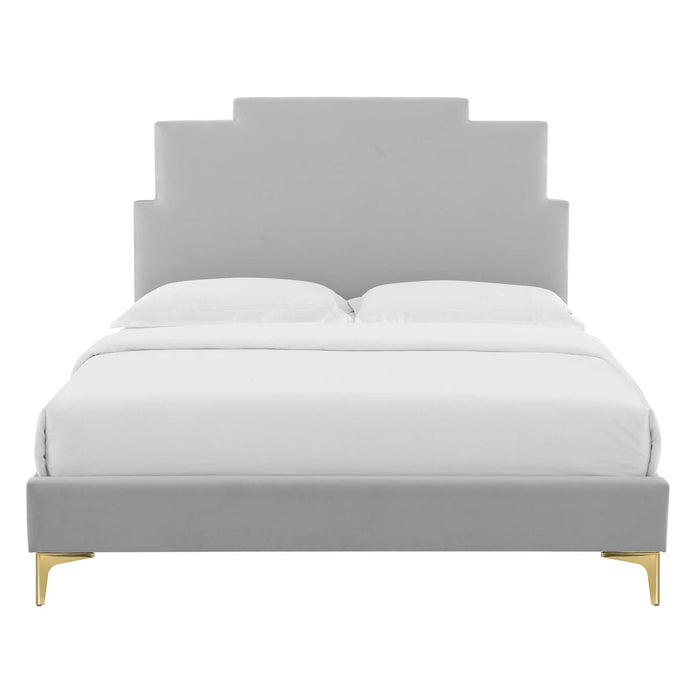 Lindsey Performance Velvet Platform Bed With Gold Metal Legs