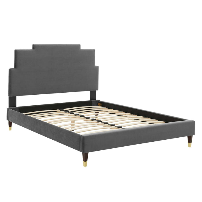 Lindsey Performance Velvet Platform Bed With Wood and Gold Legs