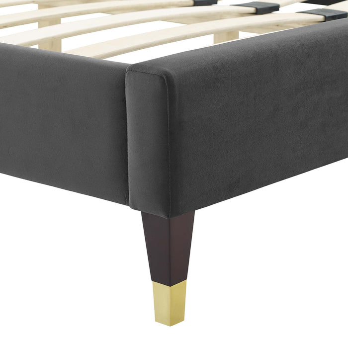 Lindsey Performance Velvet Platform Bed With Wood and Gold Legs