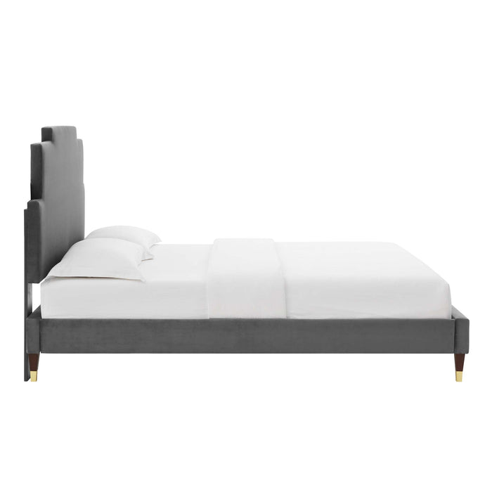 Lindsey Performance Velvet Platform Bed With Wood and Gold Legs