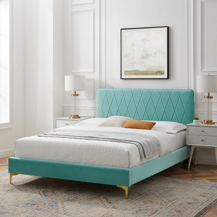 Phillipa Performance Velvet Platform Bed With Gold Metal Legs