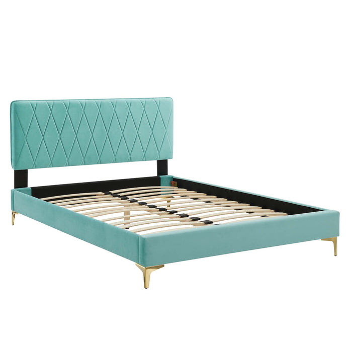 Phillipa Performance Velvet Platform Bed With Gold Metal Legs