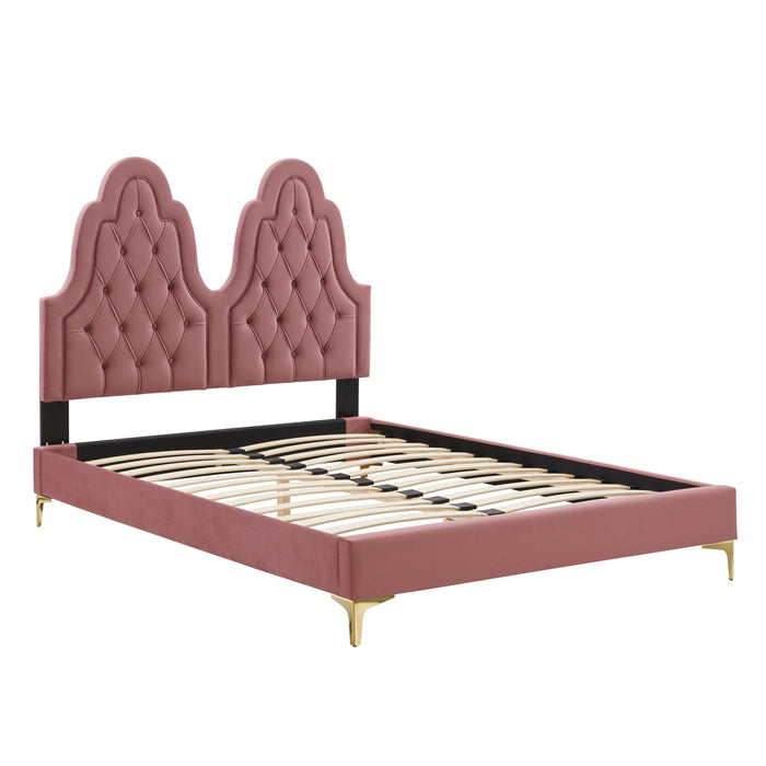 Alexandria Tufted Performance Velvet Platform Bed With Gold Legs