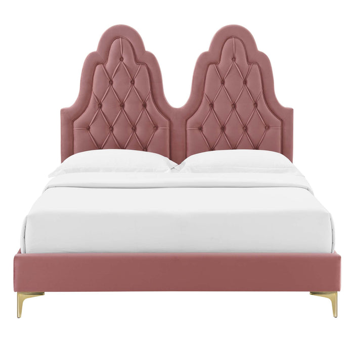 Alexandria Tufted Performance Velvet Platform Bed With Gold Legs