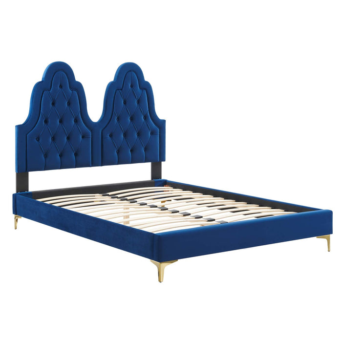 Alexandria Tufted Performance Velvet Platform Bed With Gold Legs