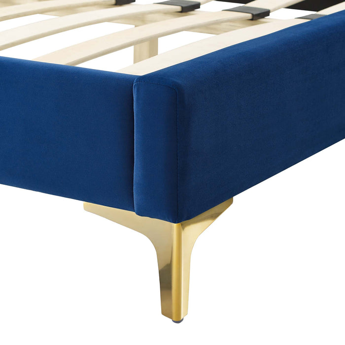 Alexandria Tufted Performance Velvet Platform Bed With Gold Legs