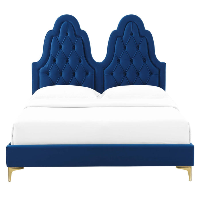 Alexandria Tufted Performance Velvet Platform Bed With Gold Legs