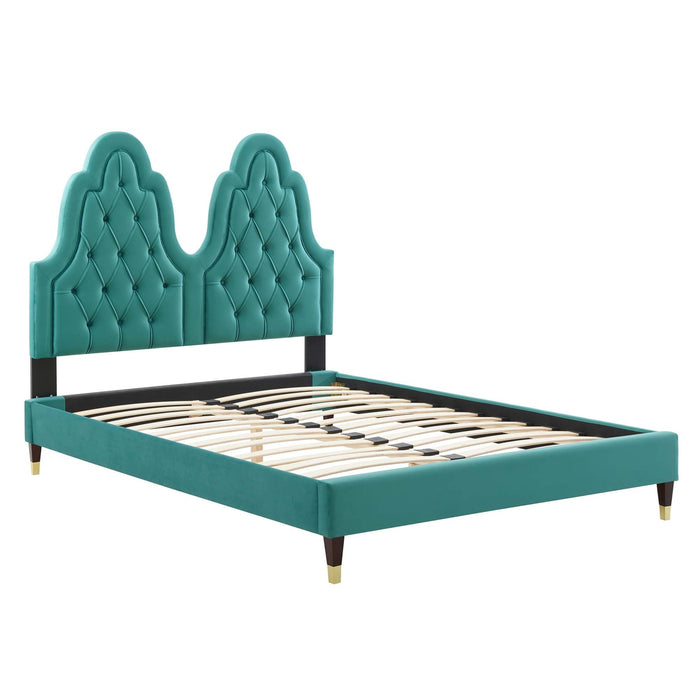 Alexandria Tufted Performance Velvet Platform Bed With Wood and Gold Legs