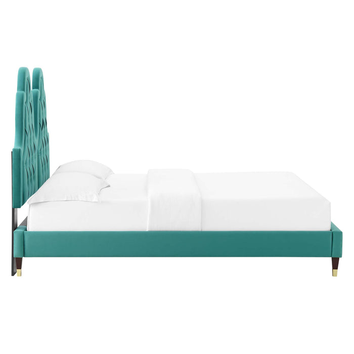 Alexandria Tufted Performance Velvet Platform Bed With Wood and Gold Legs