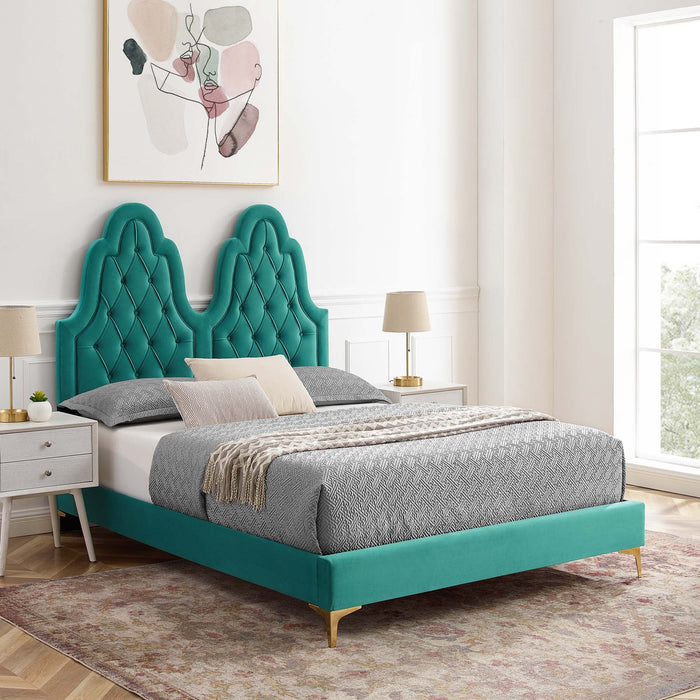 Alexandria Tufted Performance Velvet Platform Bed With Gold Legs