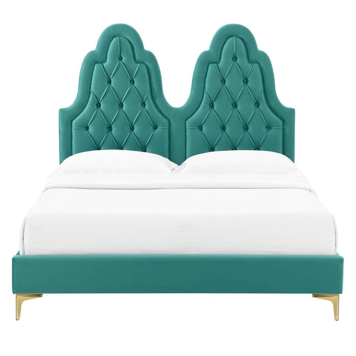 Alexandria Tufted Performance Velvet Platform Bed With Gold Legs