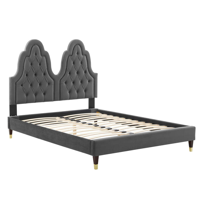 Alexandria Tufted Performance Velvet Platform Bed With Wood and Gold Legs