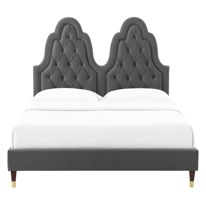 Alexandria Tufted Performance Velvet Platform Bed With Wood and Gold Legs