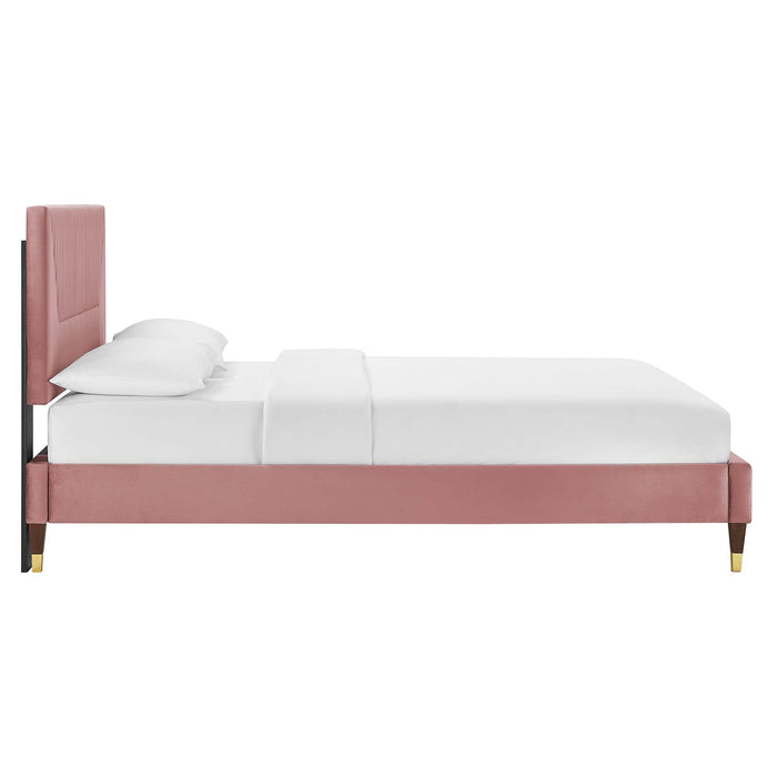 Yasmine Channel Tufted Performance Velvet Platform Bed With Wood and Gold Legs