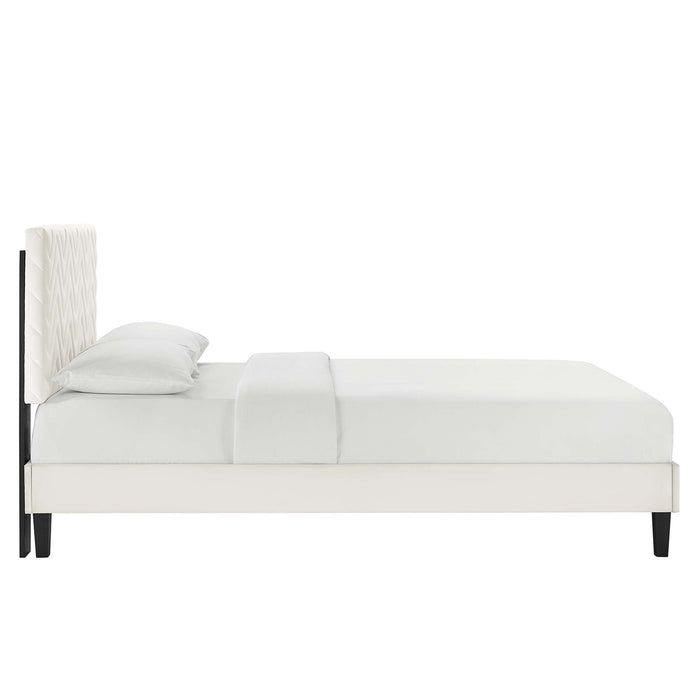 Leah Chevron Tufted Performance Velvet Platform Bed With Black Wood Legs