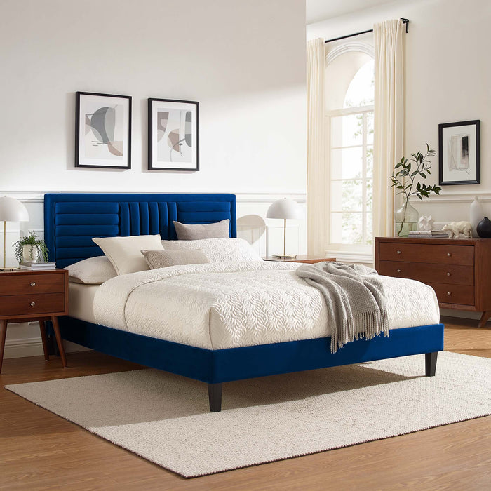 Sofia Channel Tufted Performance Velvet Platform Bed With Black Wood Legs