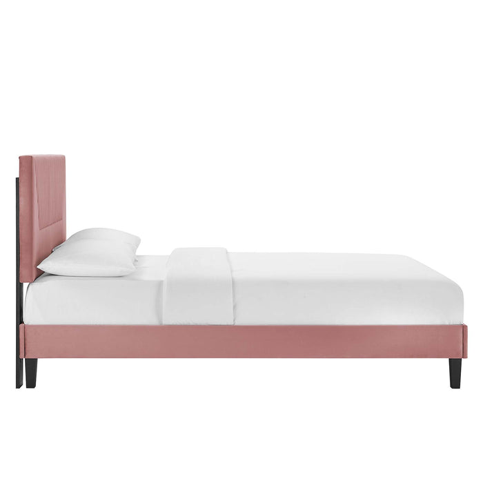 Yasmine Channel Tufted Performance Velvet Platform Bed With Black Wood Legs