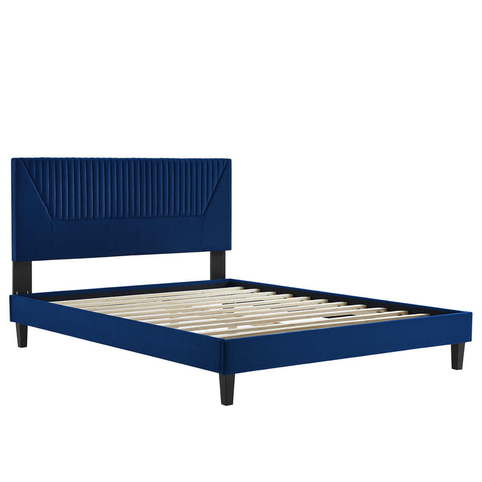 Yasmine Channel Tufted Performance Velvet Platform Bed With Black Wood Legs