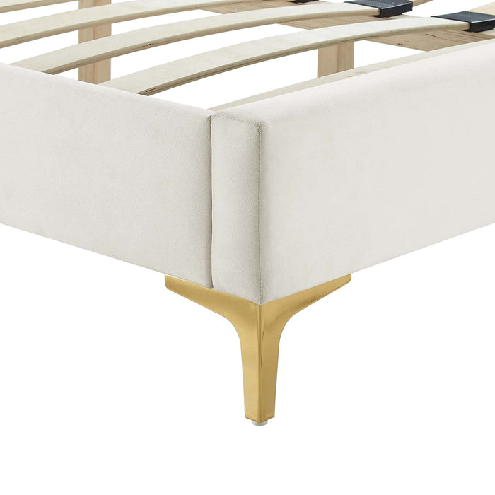 Sofia Channel Tufted Performance Velvet Platform Bed With Gold Metal Legs