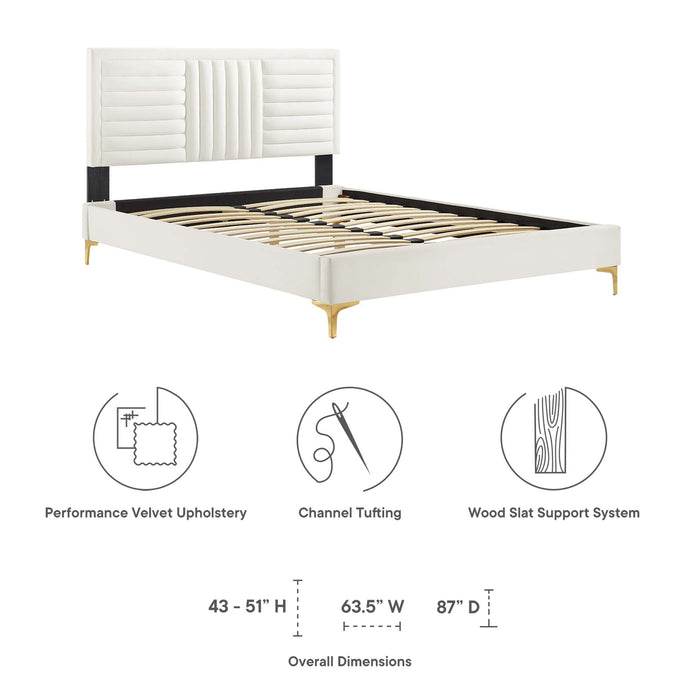 Sofia Channel Tufted Performance Velvet Platform Bed With Gold Metal Legs