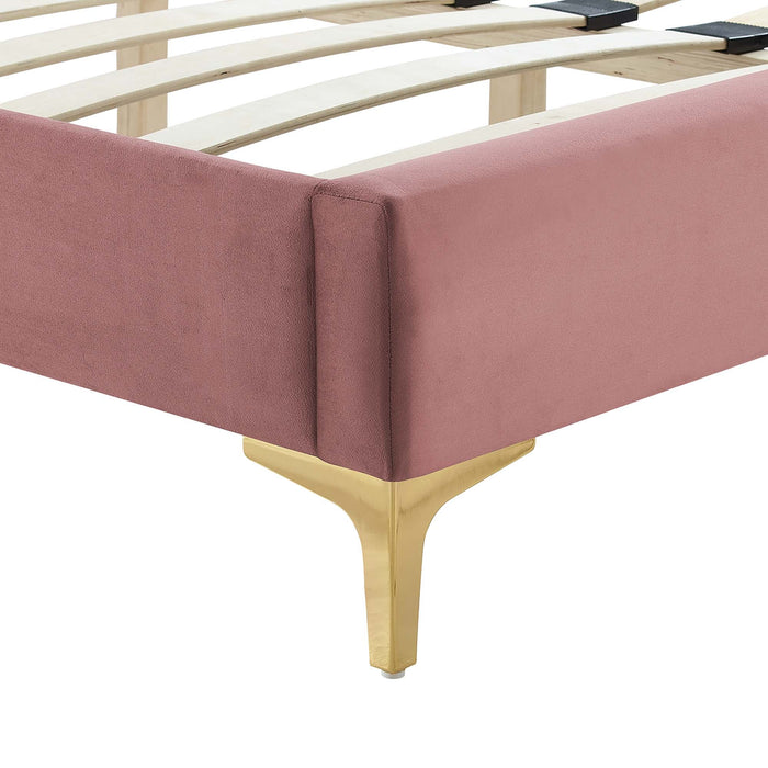 Yasmine Channel Tufted Performance Velvet Platform Bed With Gold Metal Legs