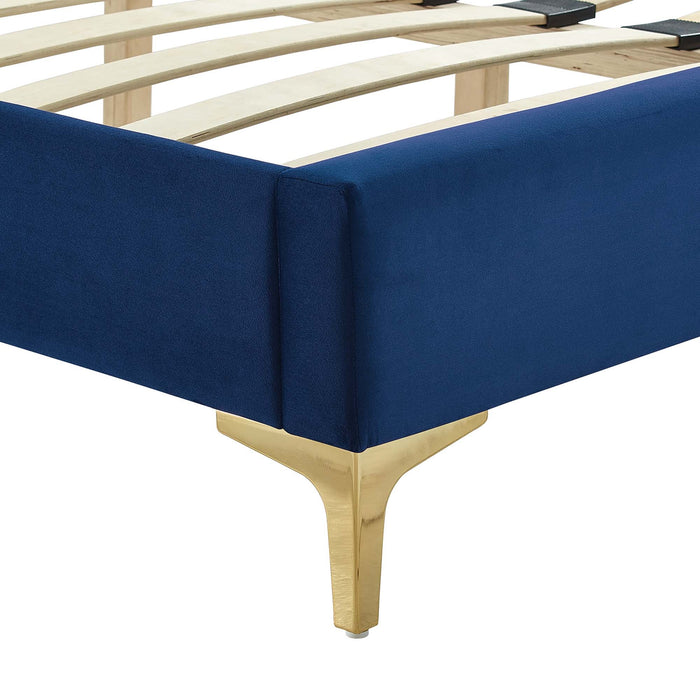 Yasmine Channel Tufted Performance Velvet Platform Bed With Gold Metal Legs