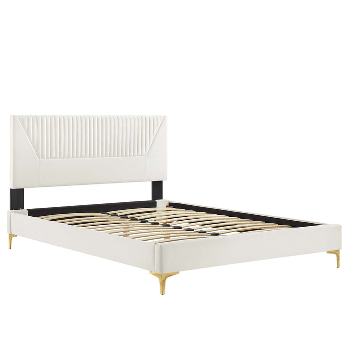 Yasmine Channel Tufted Performance Velvet Platform Bed With Gold Metal Legs