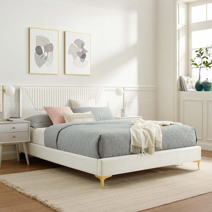 Yasmine Channel Tufted Performance Velvet Platform Bed With Gold Metal Legs