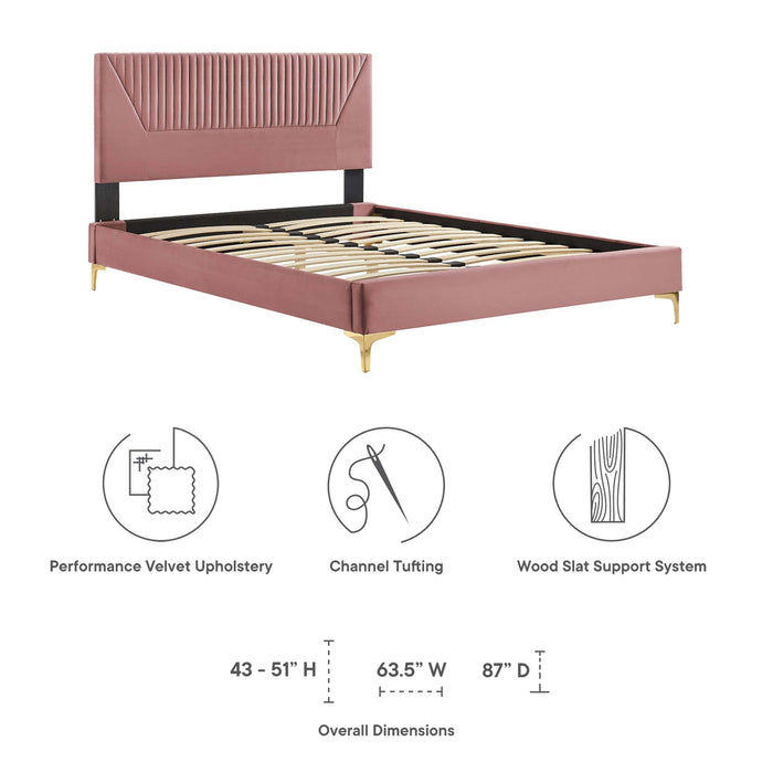 Yasmine Channel Tufted Performance Velvet Platform Bed With Gold Metal Legs