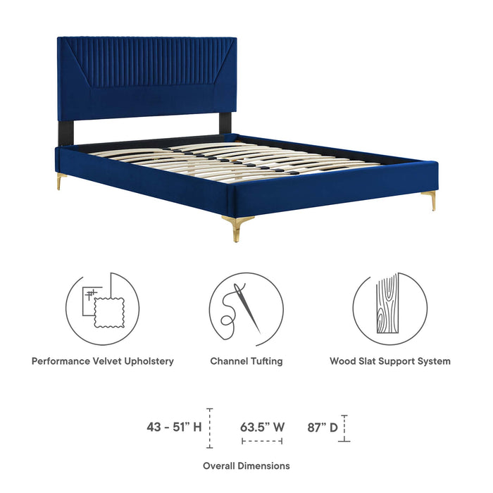 Yasmine Channel Tufted Performance Velvet Platform Bed With Gold Metal Legs