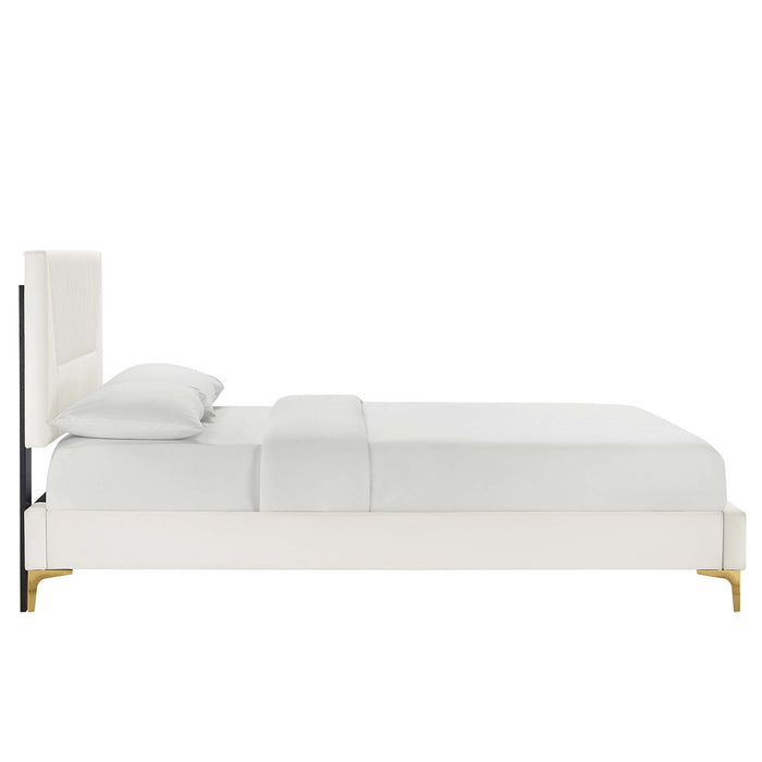 Yasmine Channel Tufted Performance Velvet Platform Bed With Gold Metal Legs