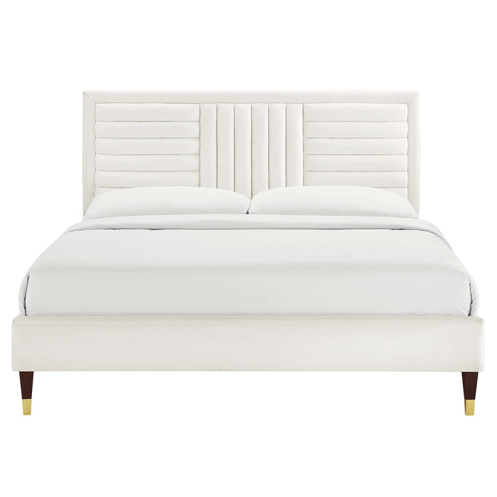 Sofia Channel Tufted Performance Velvet Platform Bed With Wood and Gold Legs