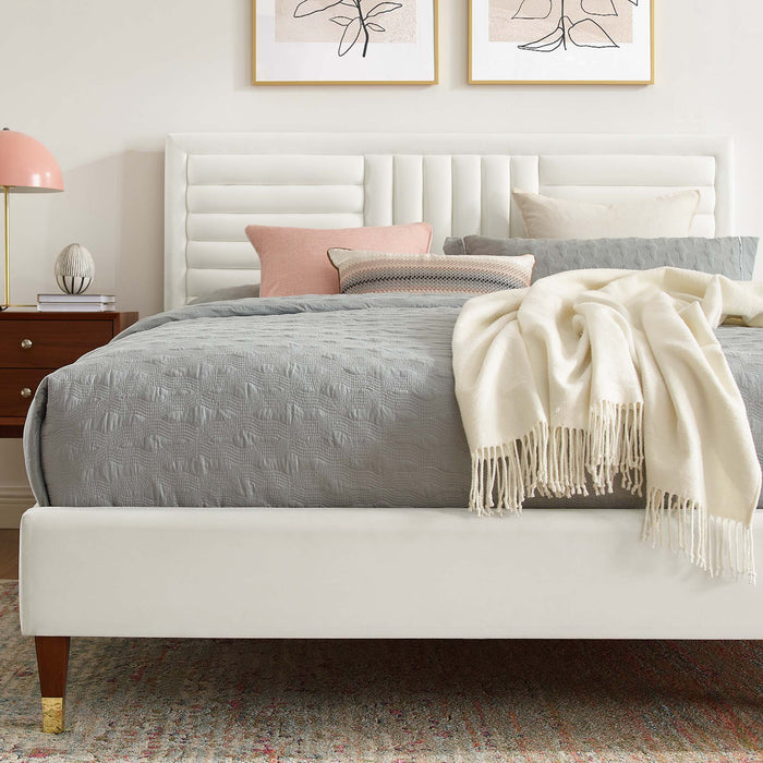 Sofia Channel Tufted Performance Velvet Platform Bed With Wood and Gold Legs