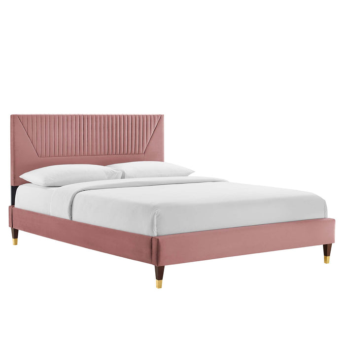 Yasmine Channel Tufted Performance Velvet Platform Bed With Wood and Gold Legs