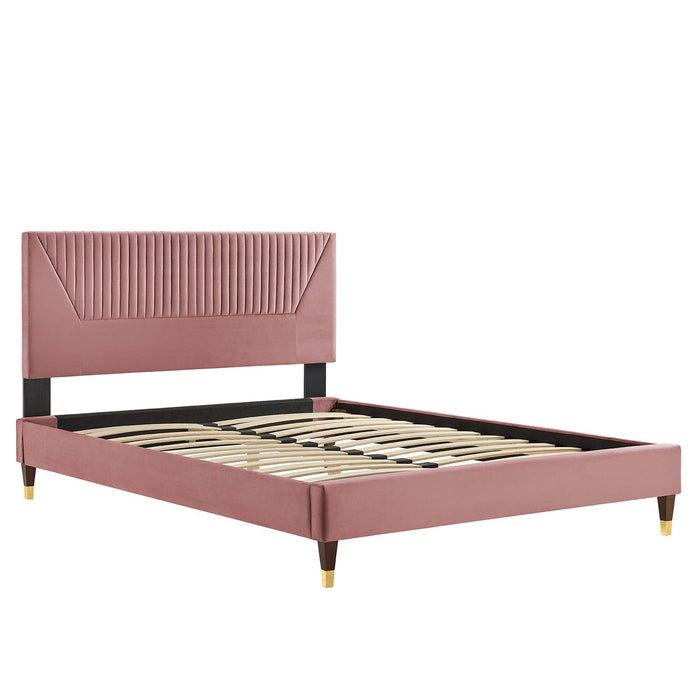 Yasmine Channel Tufted Performance Velvet Platform Bed With Wood and Gold Legs